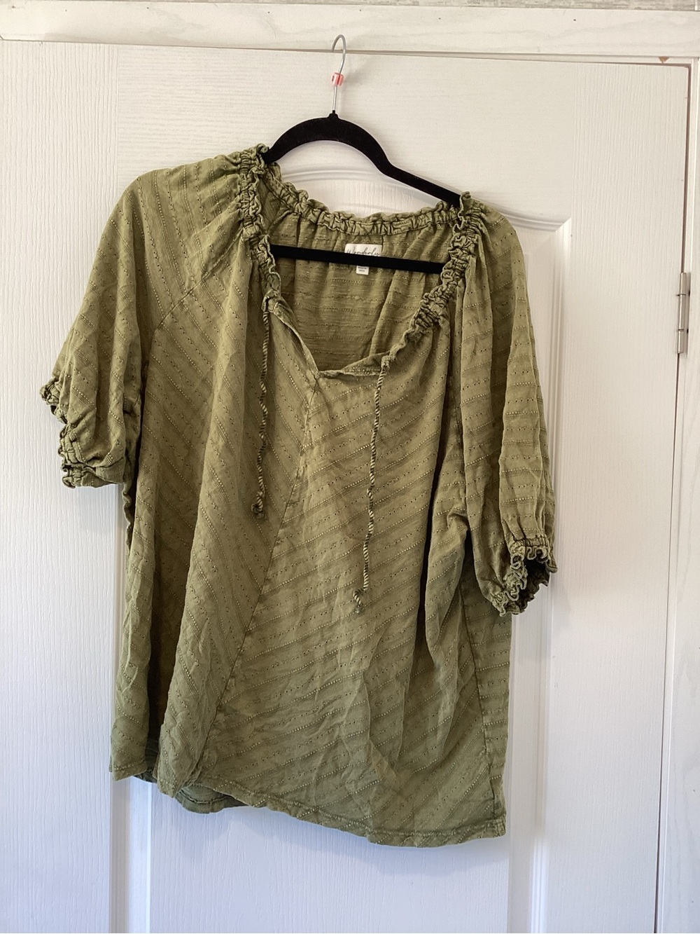 Wonderly Olive Green Peasant Top with Tie Neck 3XL EUC